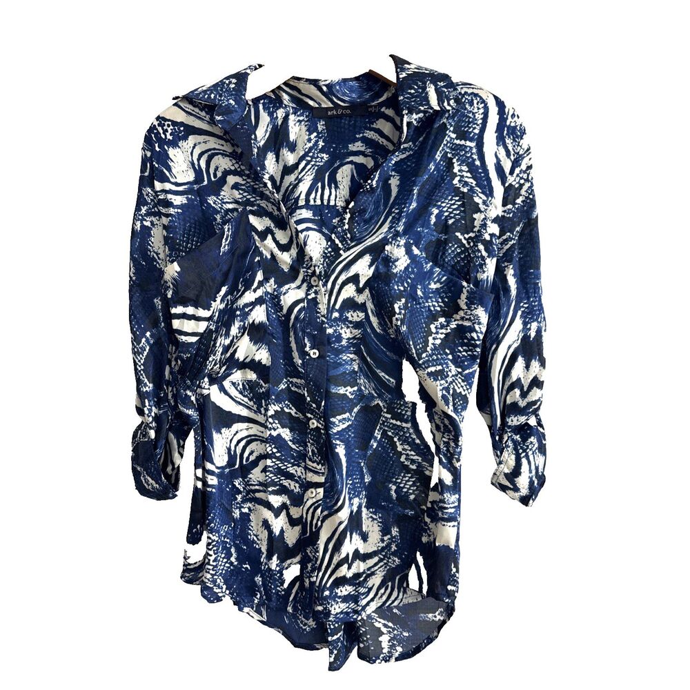 Ark & Co. Navy/White Two Pocket Roll Sleeve Button Front & Back Sheer Blouse - S